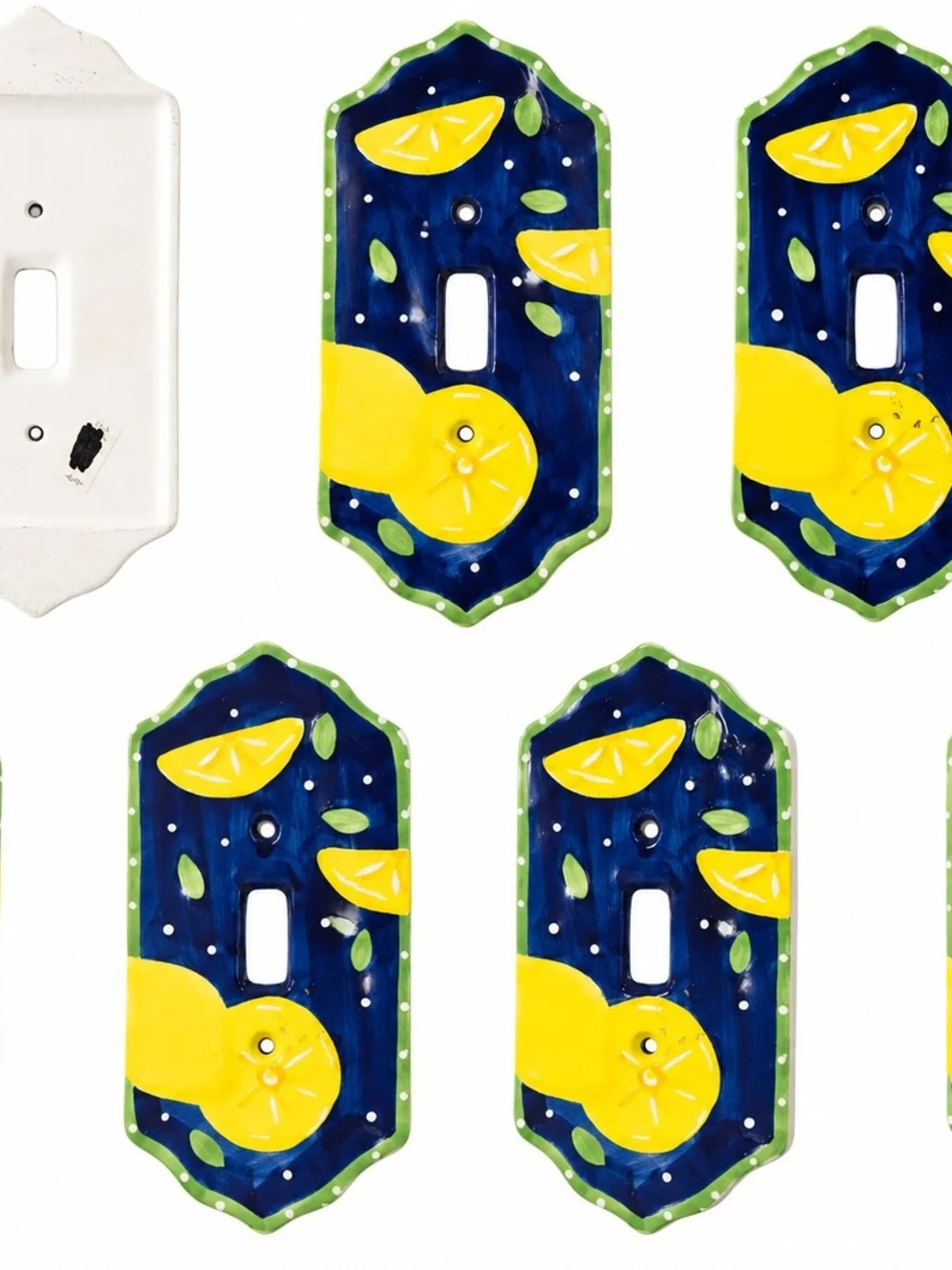 Hand-Painted Lemon Night Blue Ceramic Toggle Switch Plate - Set of 2